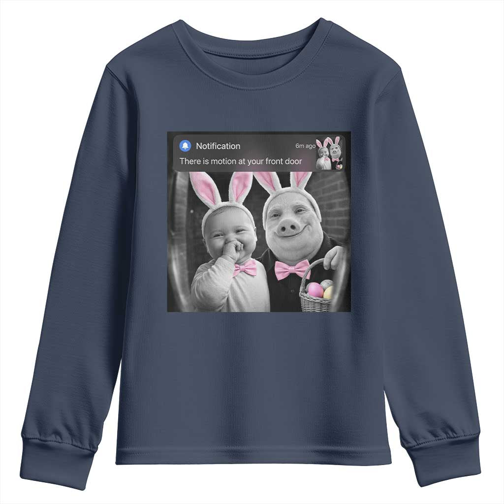 Funny Easter AI Baby with John Pork Meme Youth Sweatshirt There Is Motion at Your Front Door Notification Humor TS02 Navy Print Your Wear