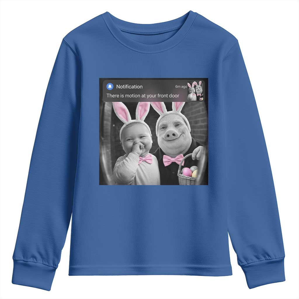 Funny Easter AI Baby with John Pork Meme Youth Sweatshirt There Is Motion at Your Front Door Notification Humor TS02 Royal Blue Print Your Wear