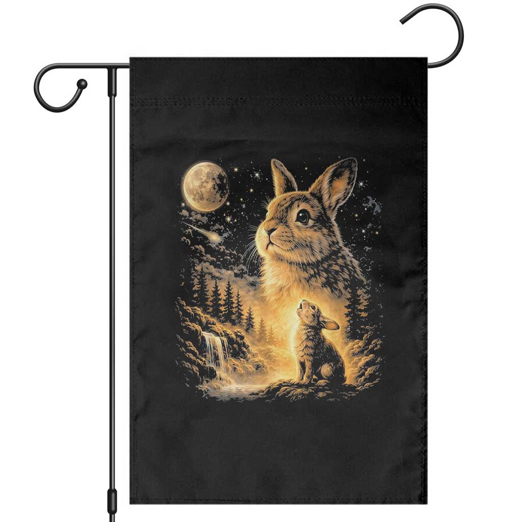 Mystical Moonlit Bunny Graphic Garden Flag Glowing Rabbit Under Full Moon Waterfall Nature Scene TS02 Black Print Your Wear