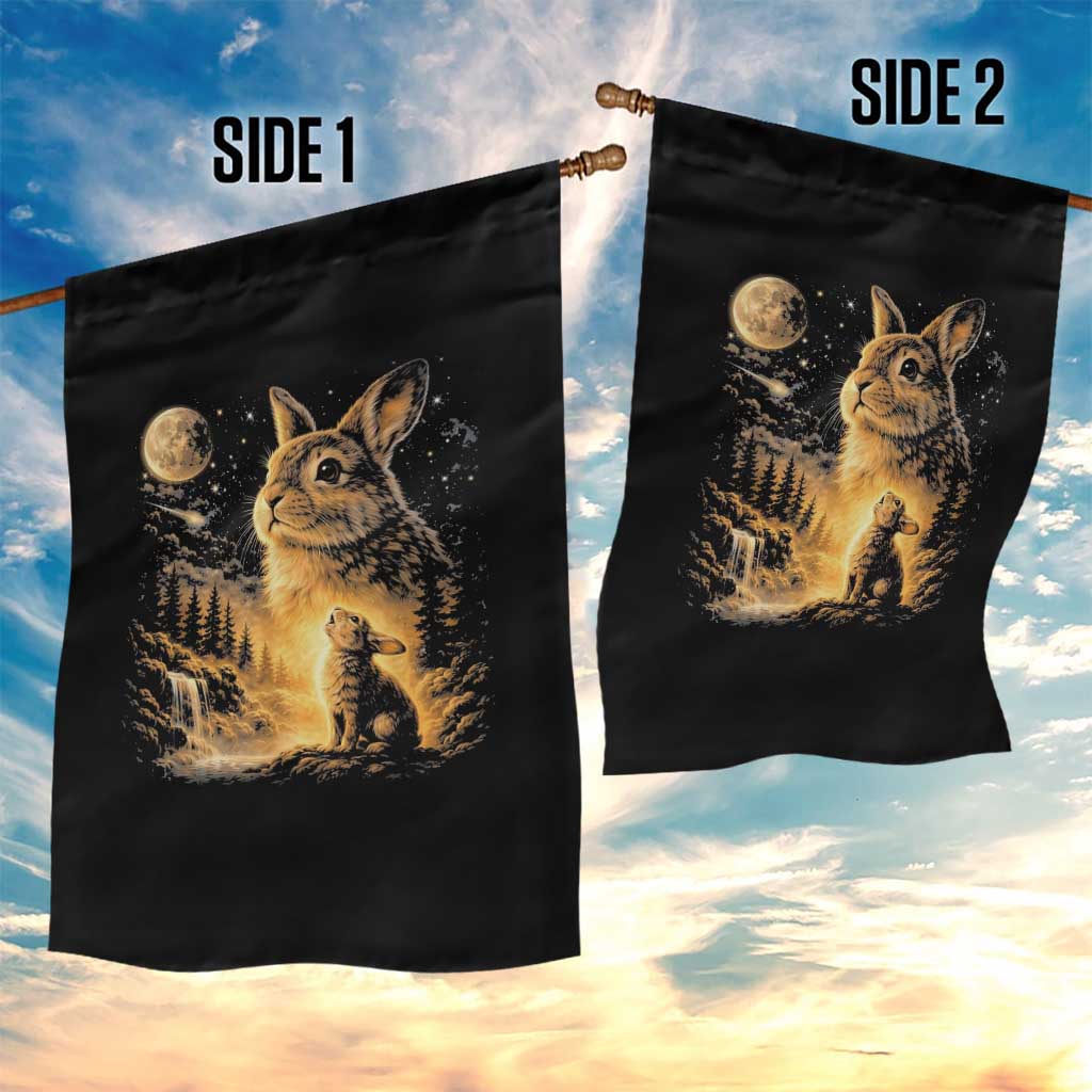 Mystical Moonlit Bunny Graphic Garden Flag Glowing Rabbit Under Full Moon Waterfall Nature Scene TS02 Print Your Wear