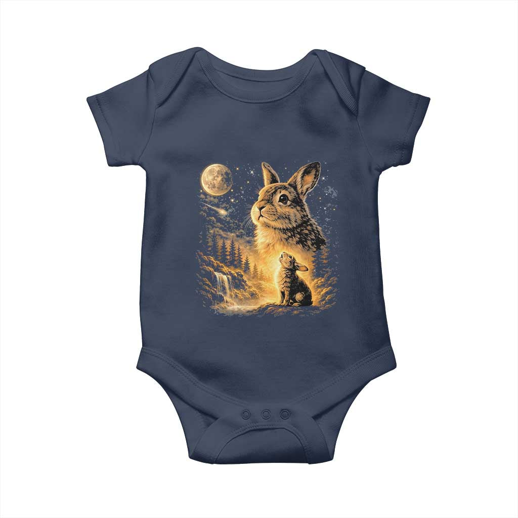 Mystical Moonlit Bunny Graphic Baby Onesie Glowing Rabbit Under Full Moon Waterfall Nature Scene TS02 Navy Print Your Wear