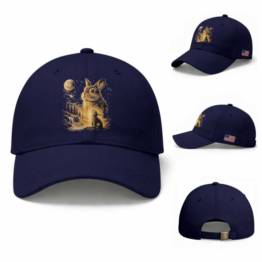 Mystical Moonlit Bunny Graphic Baseball Cap Glowing Rabbit Under Full Moon Waterfall Nature Scene TS02 Baseball Cap Universal Fit Dark Blue Print Your Wear