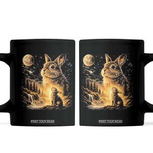 Mystical Moonlit Bunny Graphic Coffee Mug Glowing Rabbit Under Full Moon Waterfall Nature Scene TS02 Black Print Your Wear