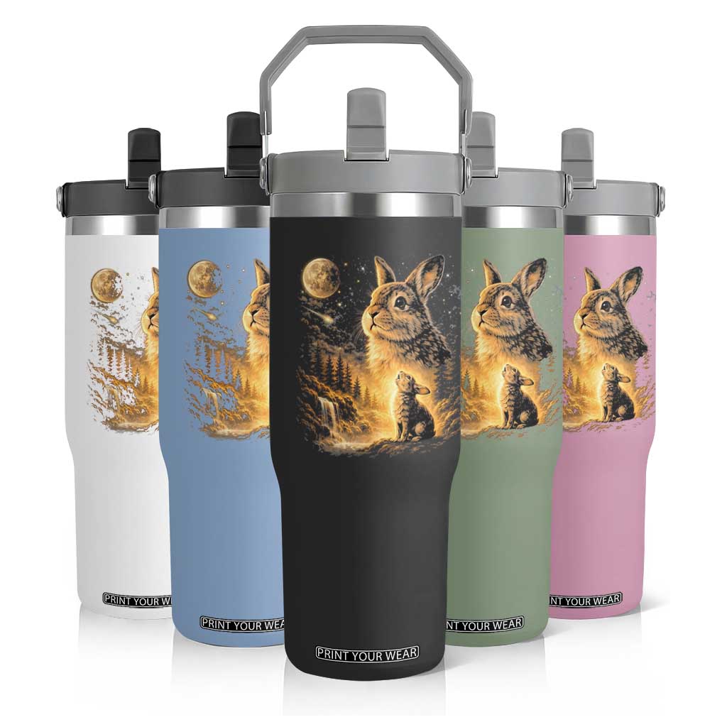Mystical Moonlit Bunny Graphic Flip Straw Tumbler Glowing Rabbit Under Full Moon Waterfall Nature Scene TS02 Print Your Wear