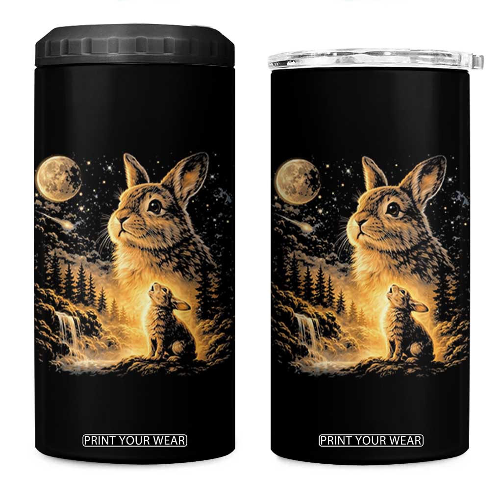 Mystical Moonlit Bunny Graphic 4 in 1 Can Cooler Tumbler Glowing Rabbit Under Full Moon Waterfall Nature Scene TS02 One Size: 16 oz Black Print Your Wear
