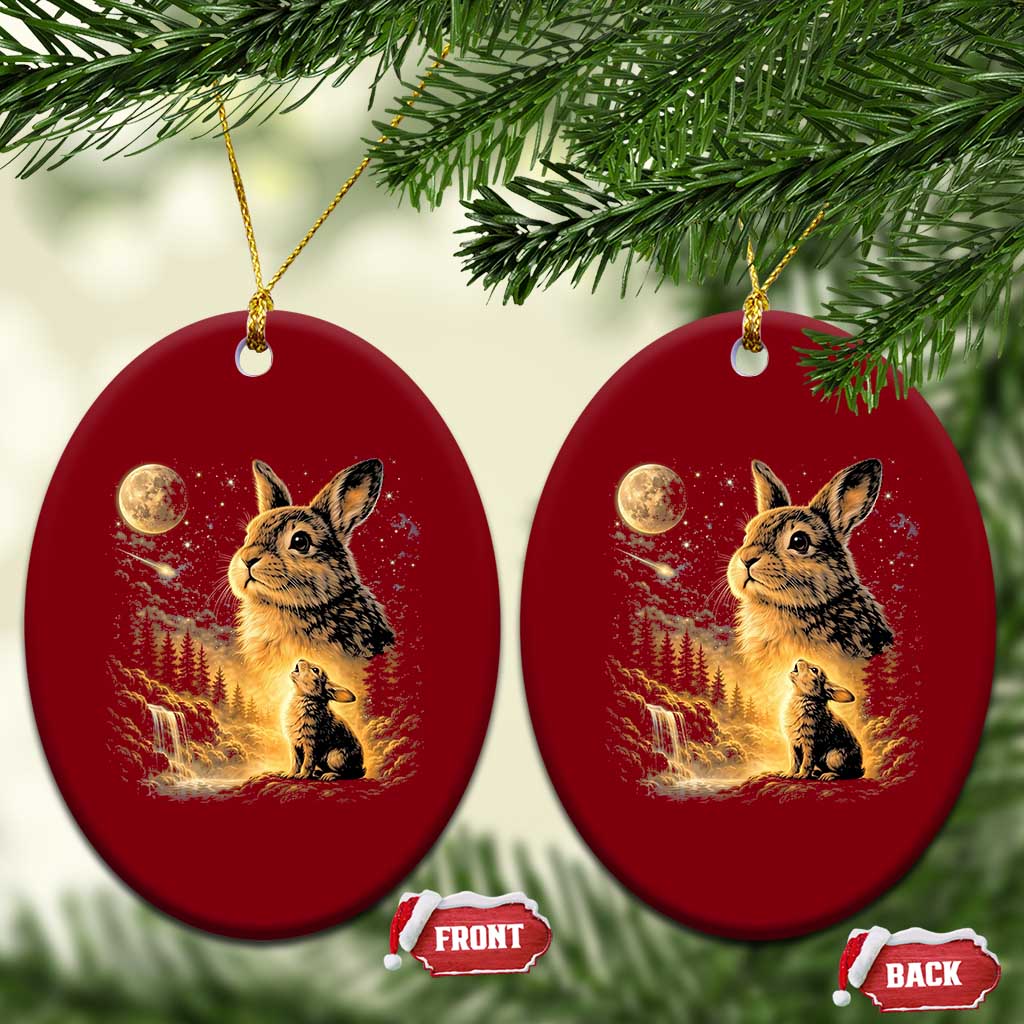 Mystical Moonlit Bunny Graphic Ceramic Ornament Glowing Rabbit Under Full Moon Waterfall Nature Scene TS02 Print Your Wear