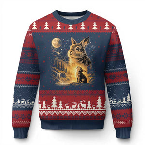 Mystical Moonlit Bunny Graphic Ugly Christmas Sweater Glowing Rabbit Under Full Moon Waterfall Nature Scene TS02 Navy Red Print Your Wear