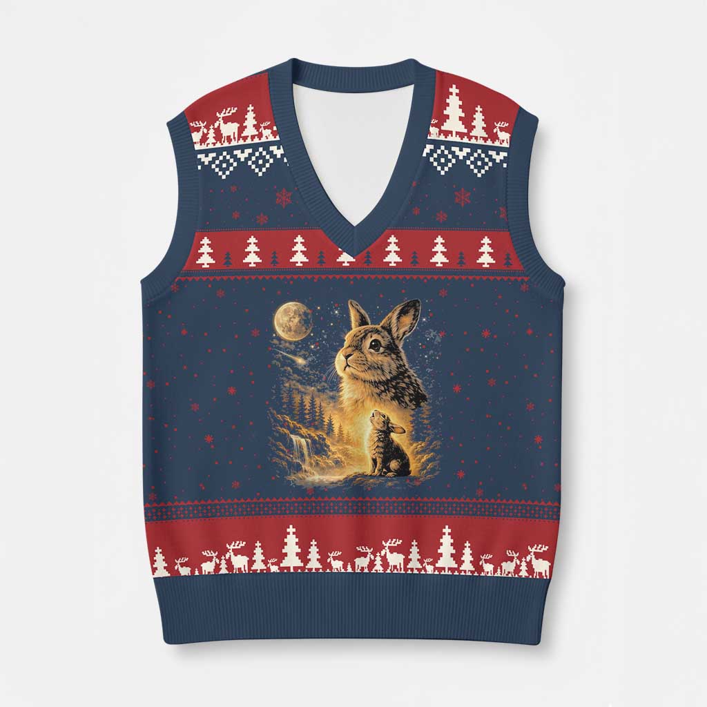 Mystical Moonlit Bunny Graphic V-Neck Knit Sweater Vest Glowing Rabbit Under Full Moon Waterfall Nature Scene TS02 Navy Red Print Your Wear