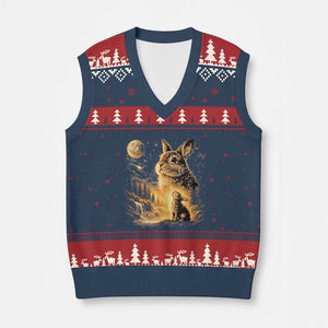 Mystical Moonlit Bunny Graphic V-Neck Knit Sweater Vest Glowing Rabbit Under Full Moon Waterfall Nature Scene TS02 Navy Red Print Your Wear