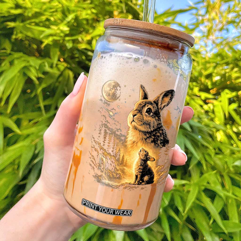 Mystical Moonlit Bunny Graphic Glass Can Glowing Rabbit Under Full Moon Waterfall Nature Scene TS02 Black Print Your Wear