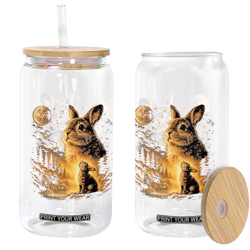 Mystical Moonlit Bunny Graphic Glass Can Glowing Rabbit Under Full Moon Waterfall Nature Scene TS02 Print Your Wear