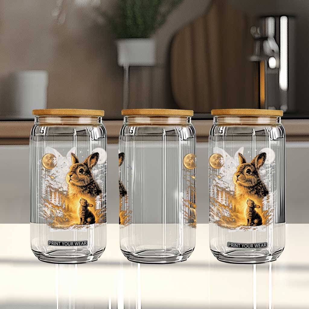 Mystical Moonlit Bunny Graphic Glass Can Glowing Rabbit Under Full Moon Waterfall Nature Scene TS02 Print Your Wear