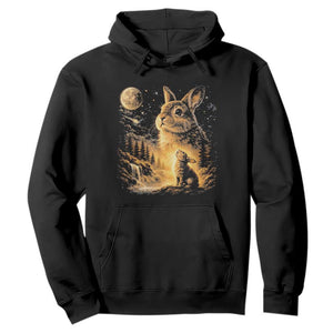 Mystical Moonlit Bunny Graphic Hoodie Glowing Rabbit Under Full Moon Waterfall Nature Scene TS02 Black Print Your Wear