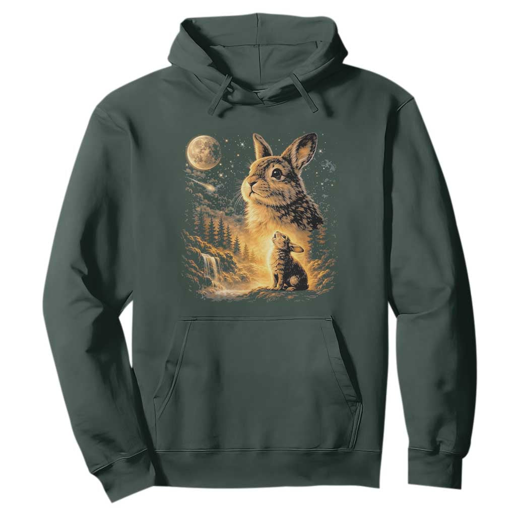 Mystical Moonlit Bunny Graphic Hoodie Glowing Rabbit Under Full Moon Waterfall Nature Scene TS02 Dark Forest Green Print Your Wear