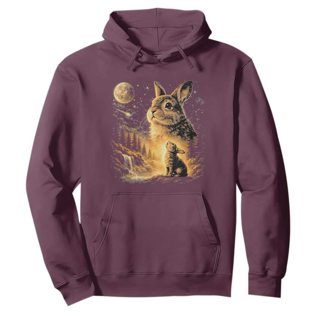 Mystical Moonlit Bunny Graphic Hoodie Glowing Rabbit Under Full Moon Waterfall Nature Scene TS02 Maroon Print Your Wear