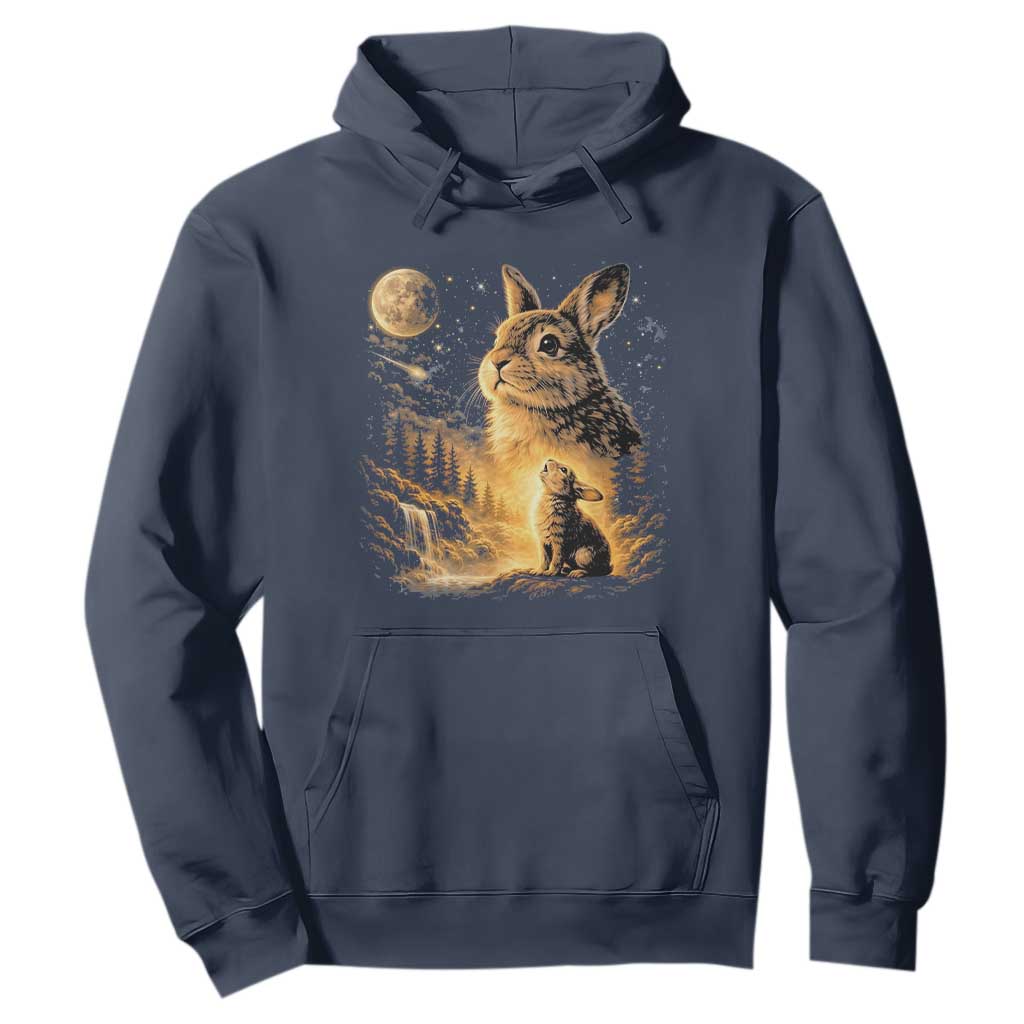 Mystical Moonlit Bunny Graphic Hoodie Glowing Rabbit Under Full Moon Waterfall Nature Scene TS02 Navy Print Your Wear