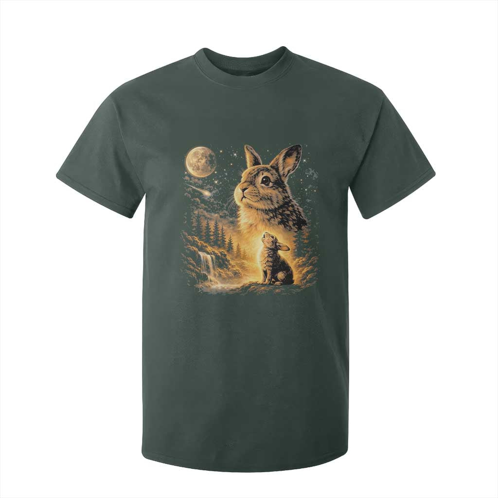 Mystical Moonlit Bunny Graphic T Shirt For Kid Glowing Rabbit Under Full Moon Waterfall Nature Scene TS02 Dark Forest Green Print Your Wear