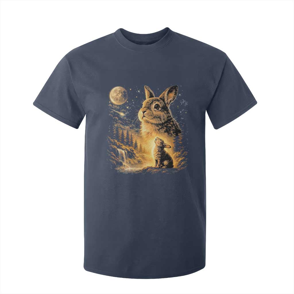 Mystical Moonlit Bunny Graphic T Shirt For Kid Glowing Rabbit Under Full Moon Waterfall Nature Scene TS02 Navy Print Your Wear