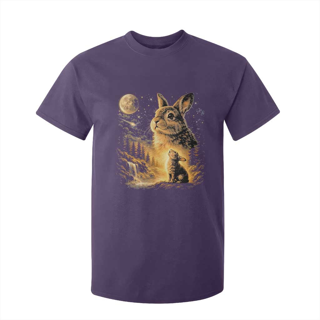 Mystical Moonlit Bunny Graphic T Shirt For Kid Glowing Rabbit Under Full Moon Waterfall Nature Scene TS02 Purple Print Your Wear