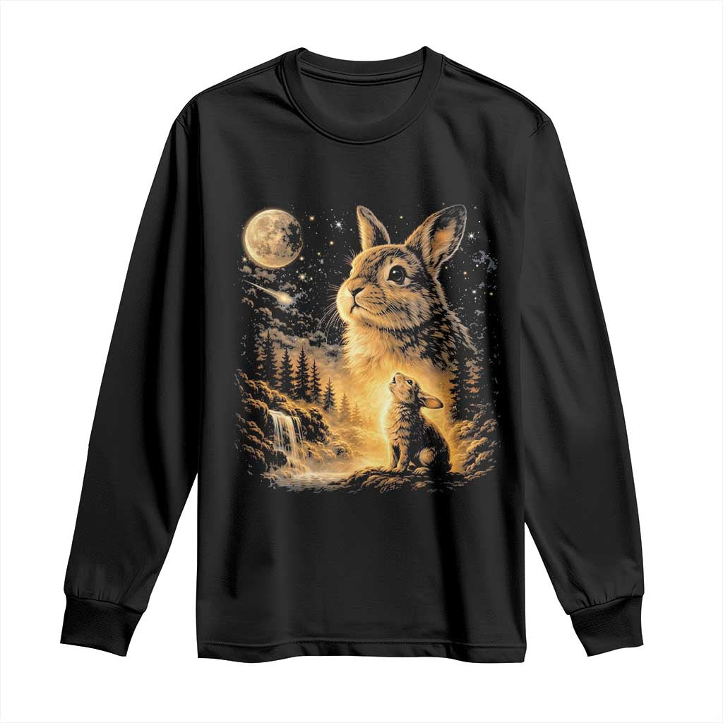 Mystical Moonlit Bunny Graphic Long Sleeve Shirt Glowing Rabbit Under Full Moon Waterfall Nature Scene TS02 Black Print Your Wear