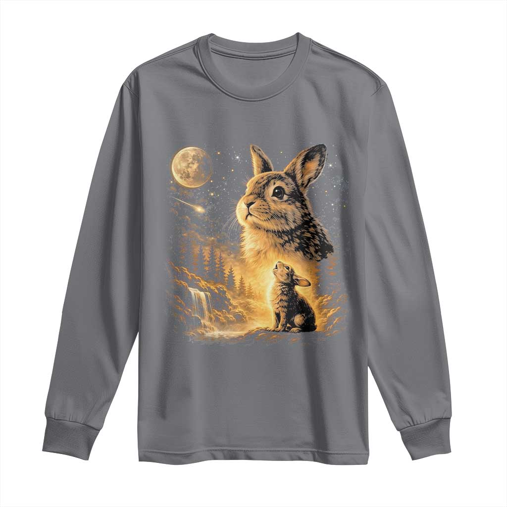 Mystical Moonlit Bunny Graphic Long Sleeve Shirt Glowing Rabbit Under Full Moon Waterfall Nature Scene TS02 Charcoal Print Your Wear