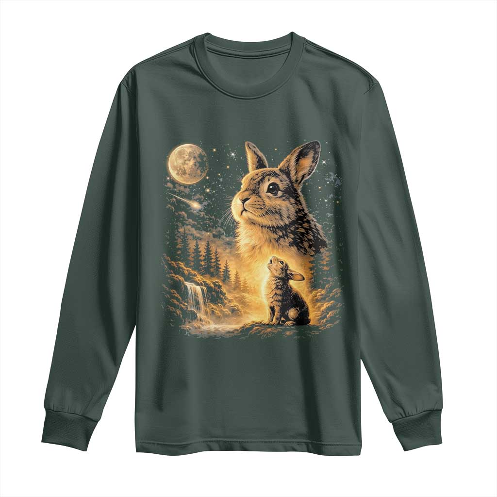 Mystical Moonlit Bunny Graphic Long Sleeve Shirt Glowing Rabbit Under Full Moon Waterfall Nature Scene TS02 Dark Forest Green Print Your Wear