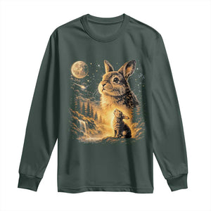 Mystical Moonlit Bunny Graphic Long Sleeve Shirt Glowing Rabbit Under Full Moon Waterfall Nature Scene TS02 Dark Forest Green Print Your Wear