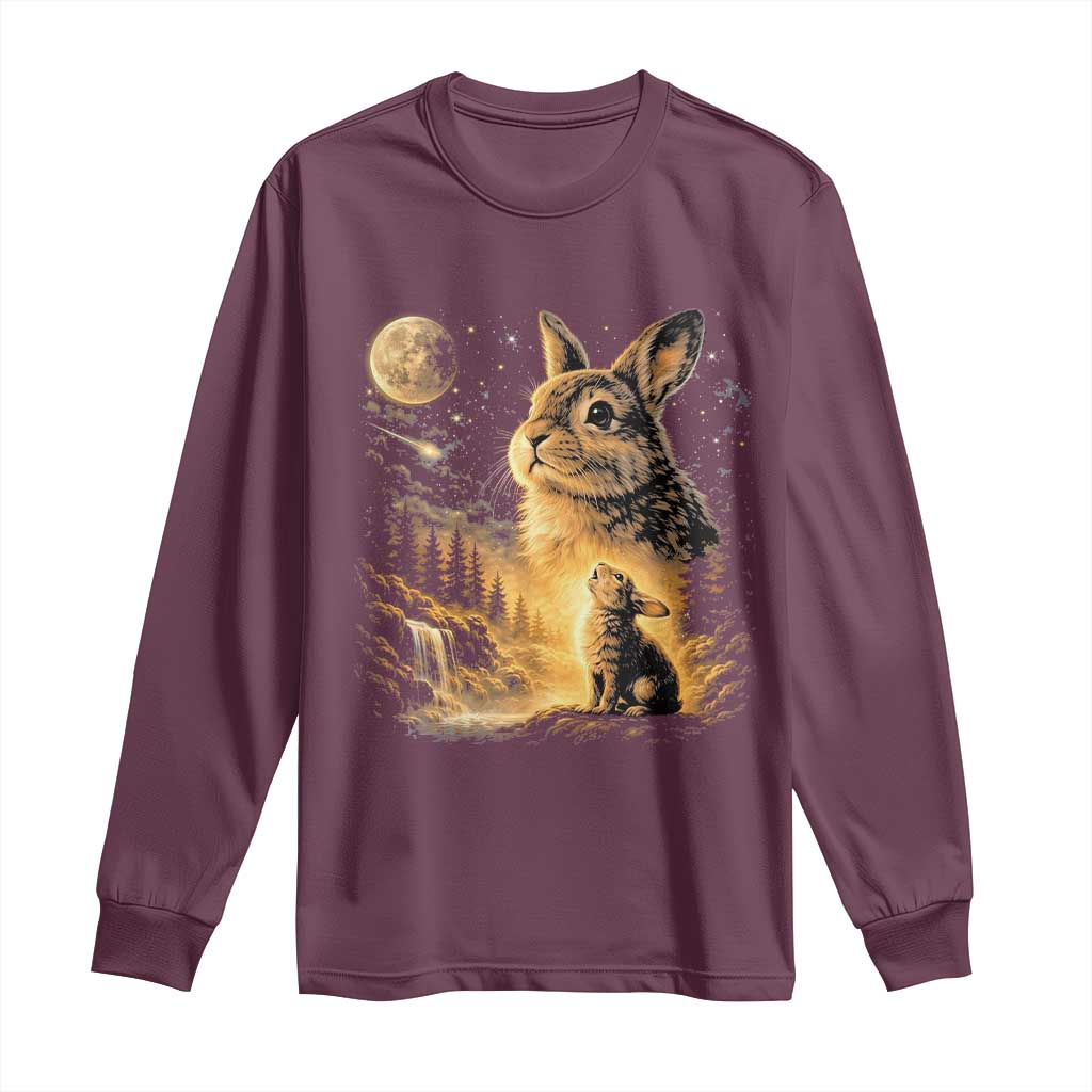 Mystical Moonlit Bunny Graphic Long Sleeve Shirt Glowing Rabbit Under Full Moon Waterfall Nature Scene TS02 Maroon Print Your Wear