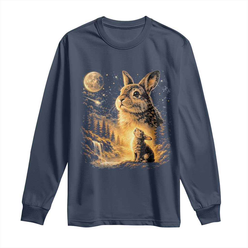 Mystical Moonlit Bunny Graphic Long Sleeve Shirt Glowing Rabbit Under Full Moon Waterfall Nature Scene TS02 Navy Print Your Wear