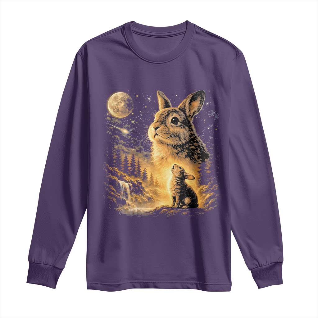 Mystical Moonlit Bunny Graphic Long Sleeve Shirt Glowing Rabbit Under Full Moon Waterfall Nature Scene TS02 Purple Print Your Wear