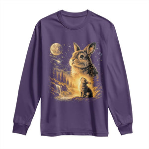 Mystical Moonlit Bunny Graphic Long Sleeve Shirt Glowing Rabbit Under Full Moon Waterfall Nature Scene TS02 Purple Print Your Wear