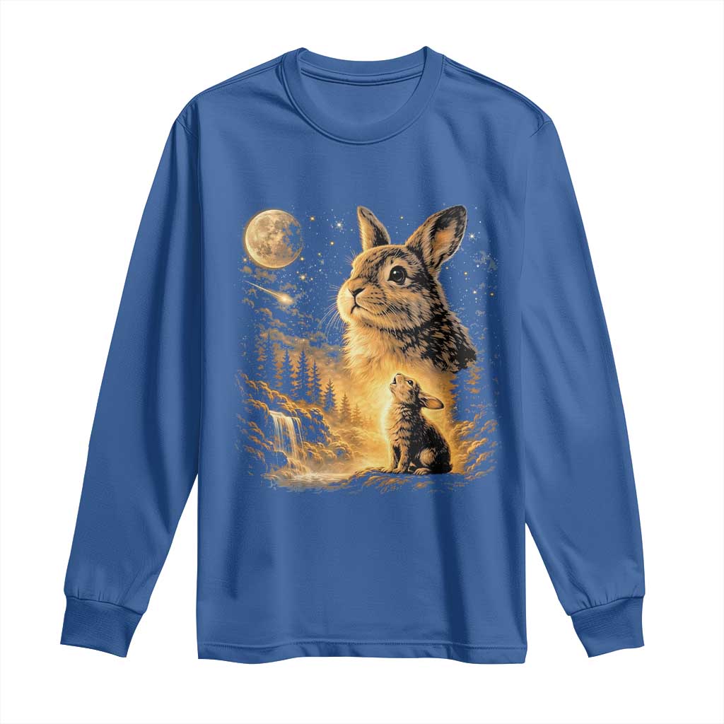 Mystical Moonlit Bunny Graphic Long Sleeve Shirt Glowing Rabbit Under Full Moon Waterfall Nature Scene TS02 Royal Blue Print Your Wear