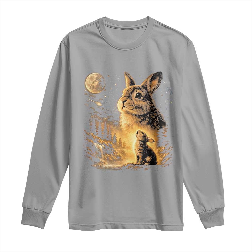 Mystical Moonlit Bunny Graphic Long Sleeve Shirt Glowing Rabbit Under Full Moon Waterfall Nature Scene TS02 Sport Gray Print Your Wear