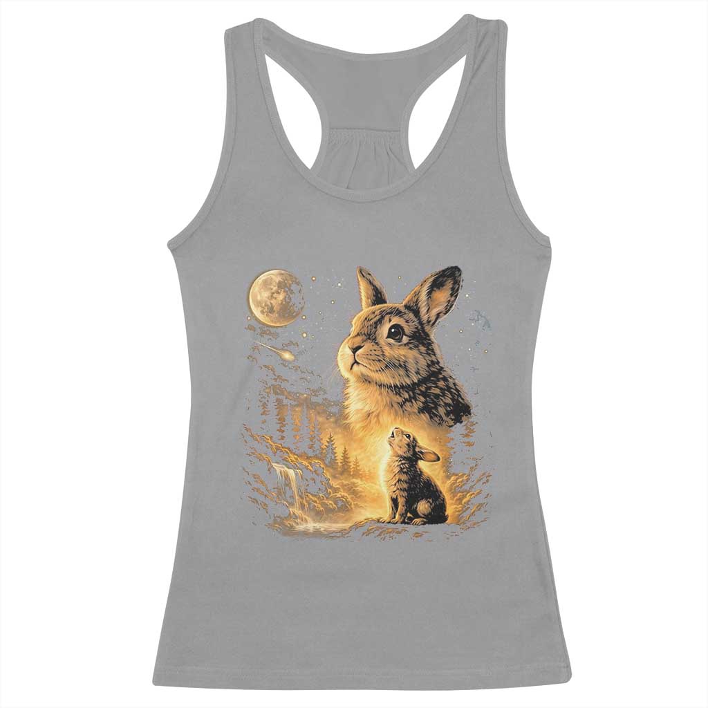 Mystical Moonlit Bunny Graphic Racerback Tank Top Glowing Rabbit Under Full Moon Waterfall Nature Scene TS02 Sport Gray Print Your Wear