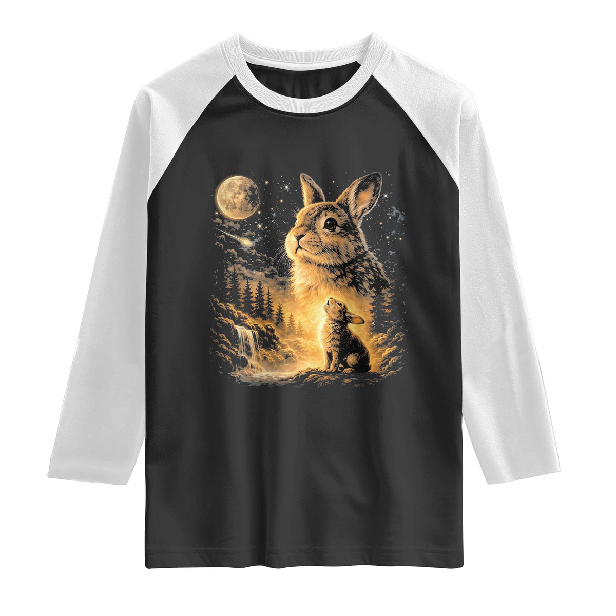 Mystical Moonlit Bunny Graphic Raglan Shirt Glowing Rabbit Under Full Moon Waterfall Nature Scene TS02 Black White Print Your Wear