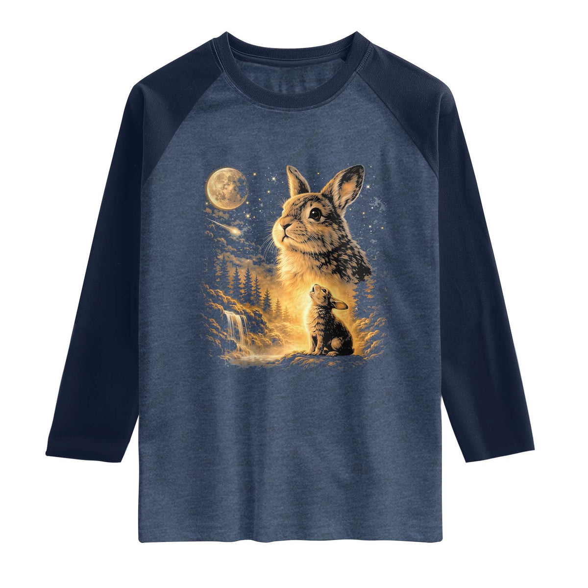 Mystical Moonlit Bunny Graphic Raglan Shirt Glowing Rabbit Under Full Moon Waterfall Nature Scene TS02 Heather Denim Navy Print Your Wear