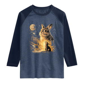Mystical Moonlit Bunny Graphic Raglan Shirt Glowing Rabbit Under Full Moon Waterfall Nature Scene TS02 Heather Denim Navy Print Your Wear