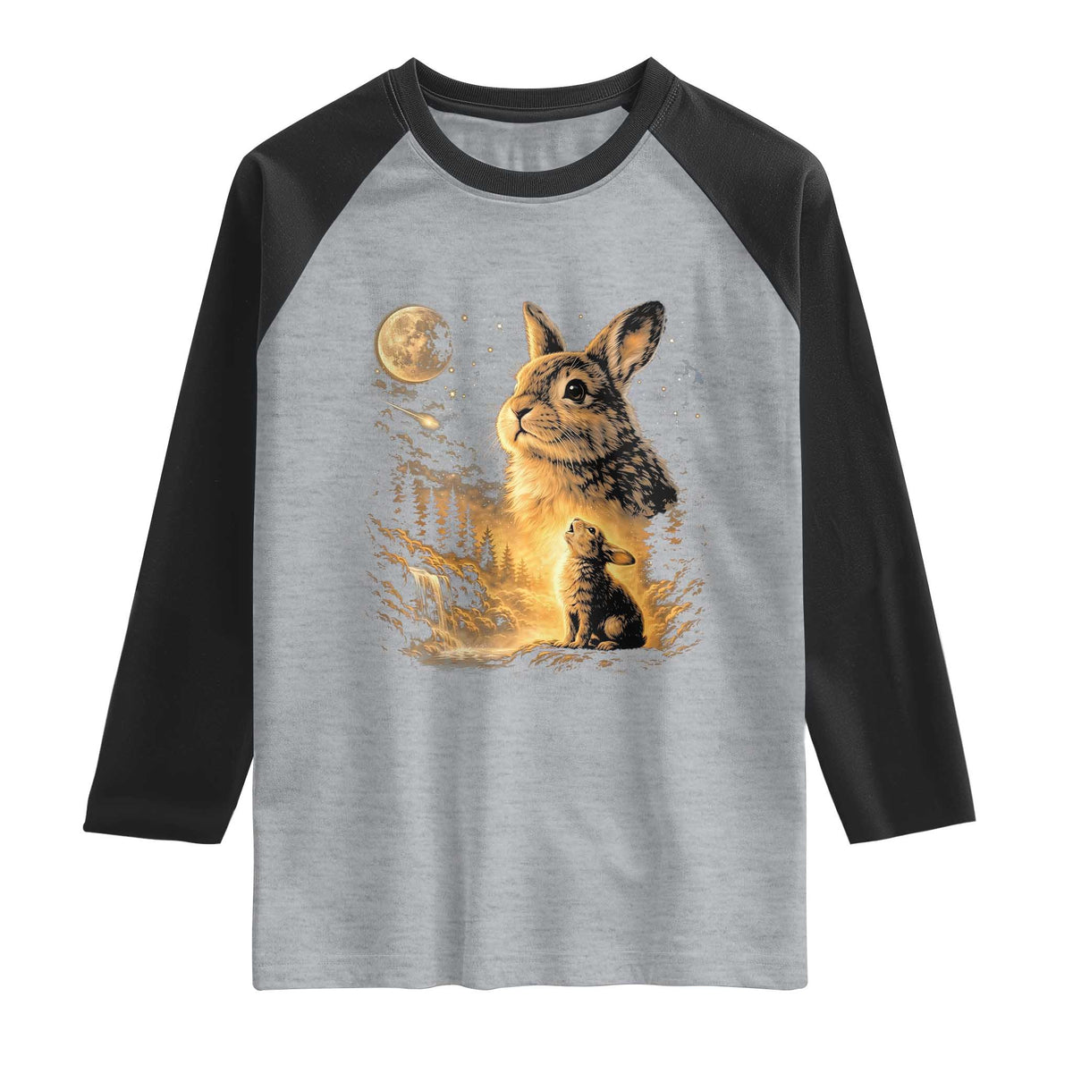 Mystical Moonlit Bunny Graphic Raglan Shirt Glowing Rabbit Under Full Moon Waterfall Nature Scene TS02 Heather Gray Black Print Your Wear
