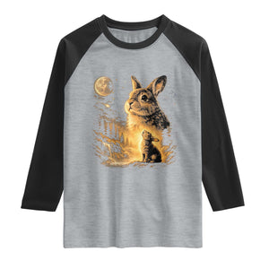 Mystical Moonlit Bunny Graphic Raglan Shirt Glowing Rabbit Under Full Moon Waterfall Nature Scene TS02 Heather Gray Black Print Your Wear