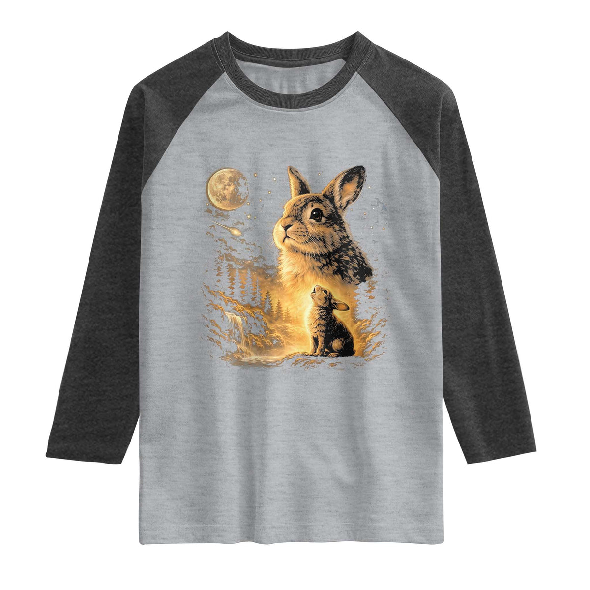 Mystical Moonlit Bunny Graphic Raglan Shirt Glowing Rabbit Under Full Moon Waterfall Nature Scene TS02 Heather Gray Heather Charcoal Print Your Wear