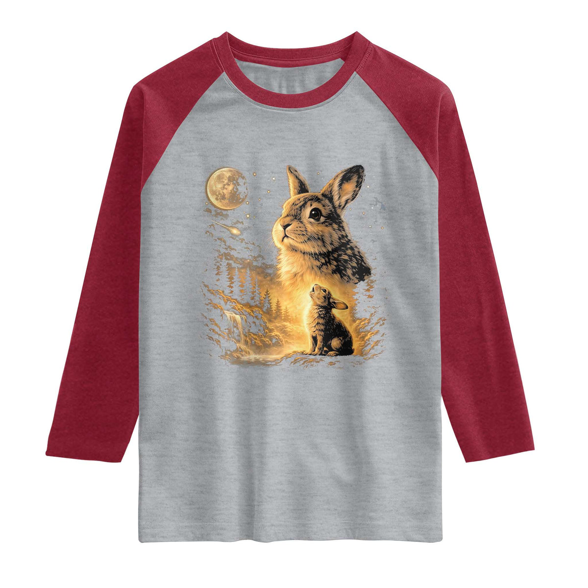 Mystical Moonlit Bunny Graphic Raglan Shirt Glowing Rabbit Under Full Moon Waterfall Nature Scene TS02 Heather Gray Heather Red Print Your Wear