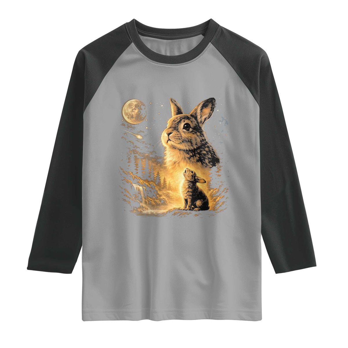 Mystical Moonlit Bunny Graphic Raglan Shirt Glowing Rabbit Under Full Moon Waterfall Nature Scene TS02 Sport Gray Black Print Your Wear