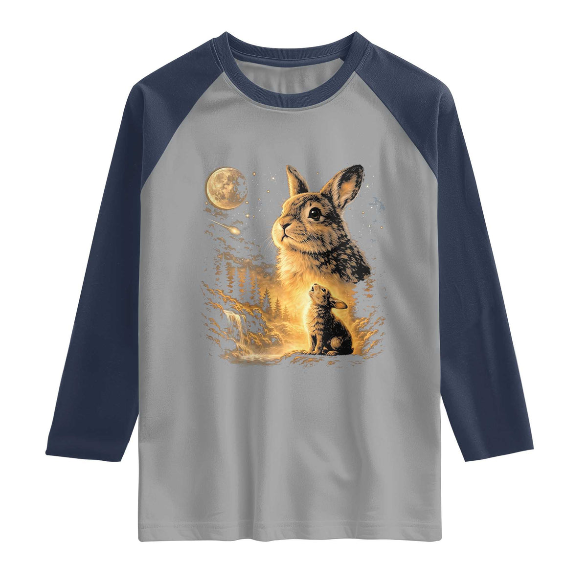 Mystical Moonlit Bunny Graphic Raglan Shirt Glowing Rabbit Under Full Moon Waterfall Nature Scene TS02 Sport Gray Navy Print Your Wear