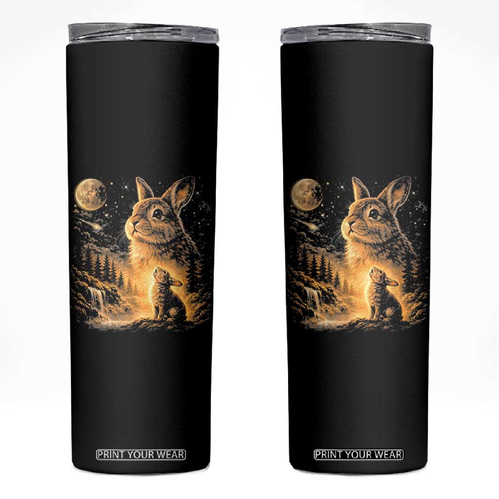 Mystical Moonlit Bunny Graphic Skinny Tumbler Glowing Rabbit Under Full Moon Waterfall Nature Scene TS02 Black Print Your Wear