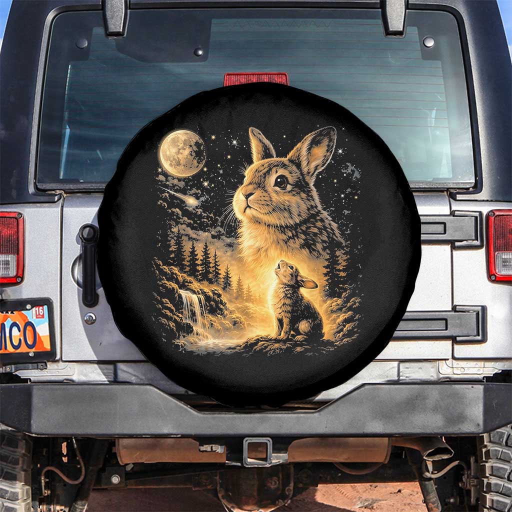Mystical Moonlit Bunny Graphic Spare Tire Cover Glowing Rabbit Under Full Moon Waterfall Nature Scene TS02 No hole Black Print Your Wear
