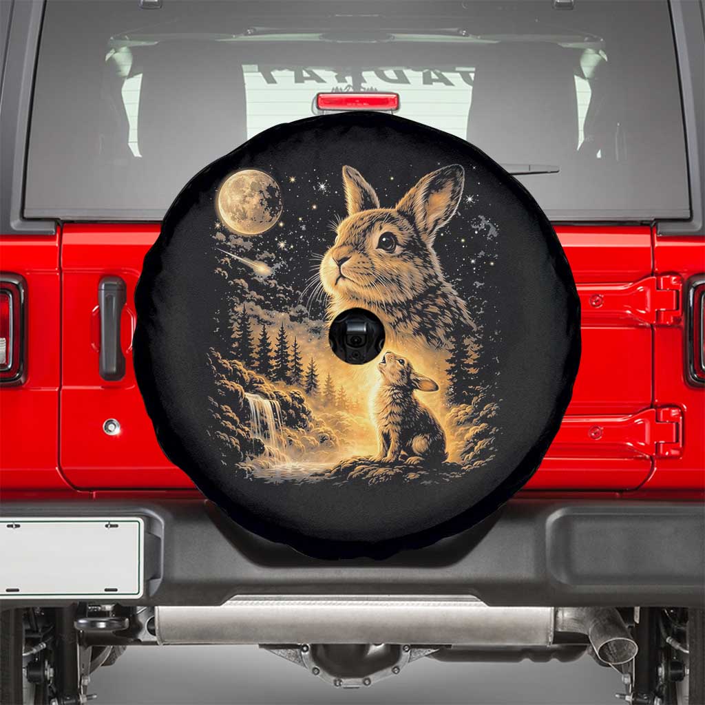 Mystical Moonlit Bunny Graphic Spare Tire Cover Glowing Rabbit Under Full Moon Waterfall Nature Scene TS02 Black Print Your Wear