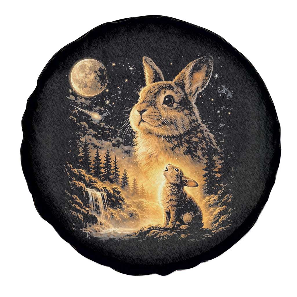 Mystical Moonlit Bunny Graphic Spare Tire Cover Glowing Rabbit Under Full Moon Waterfall Nature Scene TS02 Print Your Wear