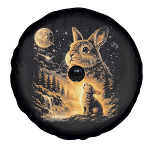 Mystical Moonlit Bunny Graphic Spare Tire Cover Glowing Rabbit Under Full Moon Waterfall Nature Scene TS02 Print Your Wear