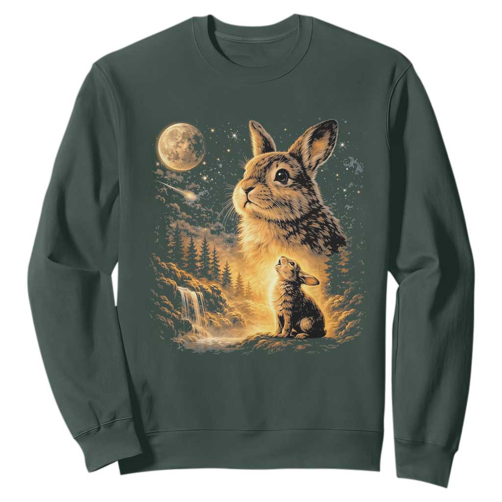 Mystical Moonlit Bunny Graphic Sweatshirt Glowing Rabbit Under Full Moon Waterfall Nature Scene TS02 Dark Forest Green Print Your Wear