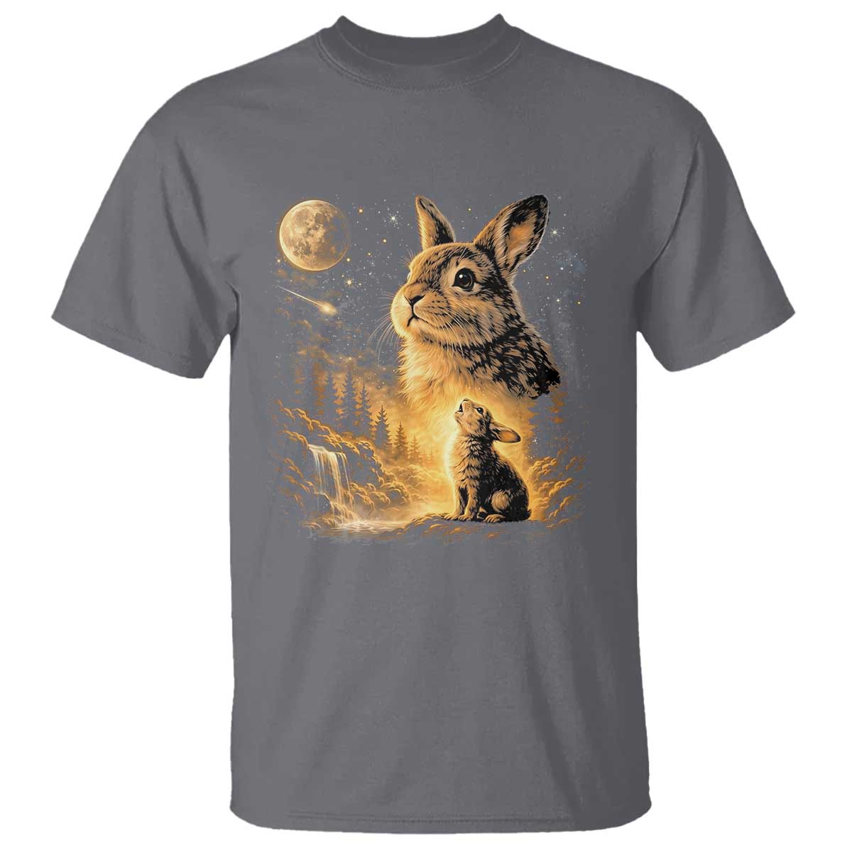 Mystical Moonlit Bunny Graphic T Shirt Glowing Rabbit Under Full Moon Waterfall Nature Scene TS02 Charcoal Print Your Wear